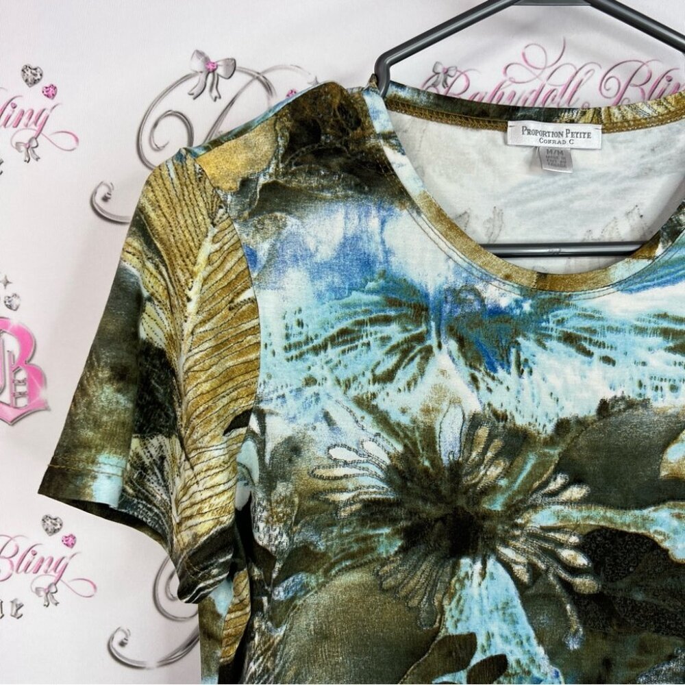 Conrad C tshirt leaf tropical Print Short Sleeve Women's Top - Blue and Green - Picture 6 of 8
